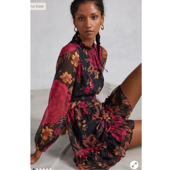 Anthropologie Porridge Black Puff Sleeve Open Back Floral Chiffon Dress Size 1X - Picture 2 of 16